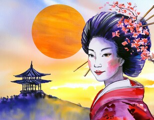 Wall Mural - Japanese woman in national costume kimono. Geisha on the background with a large circle symbolizing the rising sun. Painting in the style of watercolor painting or sketch. Illustration for design.