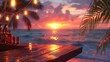 Blurred beach bar at sunset: palm trees, warm lights, ocean waves