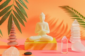 Wall Mural - A white statue of a Buddha is sitting on a yellow surface with a bunch of rocks