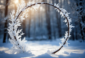 Wall Mural - 'Winter Arch Frame White Branches Ice Crystals Theme Presentation New Product Season Stage Marketing poduim empty footed light snow round background'