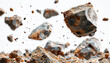 A group of floating rocks flying in the air, in a 3d rendering with a white background, depicting a large meteorite broken into several pieces and flying through space.