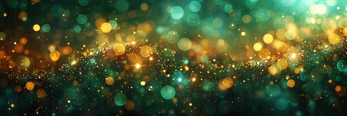 a background of gold and green bokeh lights on a dark, emerald green gradient background, providing 