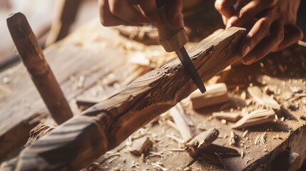 Canvas Print - Artisan carving wood, detailed view of chisel and wood grains, sharp focus, natural light. 