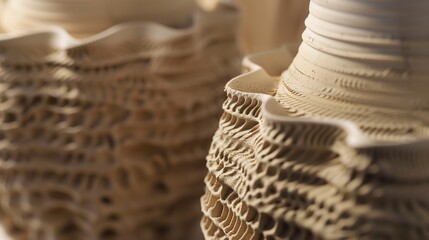 Wall Mural - 3D printing of ceramic vases, close-up on layering clay, intricate texture visible, soft, warm light.