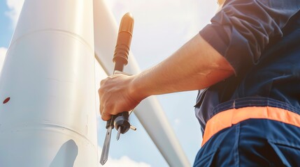 Canvas Print - Technician servicing a wind turbine, close view of hands and tools, sharp focus, dynamic sky. 