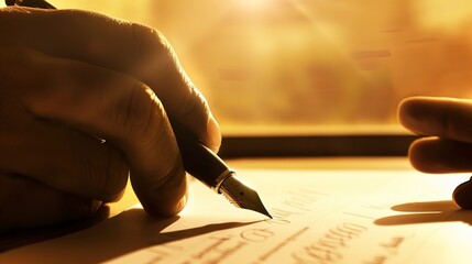 Wall Mural - Executive hands signing contract, pen in focus, warm light, tight close-up 