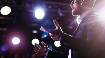 Poster - Young entrepreneur pitching to investors, focused expression, spotlight, close-up