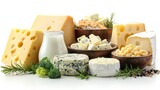 Fototapeta Do akwarium - Assorted types of cheese and dairy products on white background