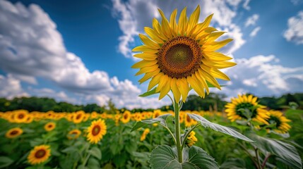 Wall Mural - sunflower field with bright sun and clouds