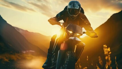 Canvas Print - Man is riding motorcycle on dirt road with sun shining on him