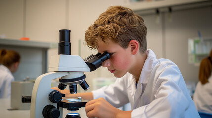 Wall Mural - A boy using a microscope in a science class, representing education and study, on a classroom background, concept of learning. Generative AI