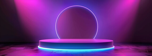 Wall Mural - podium stage with pink, purple and blue neon lights with circle concept