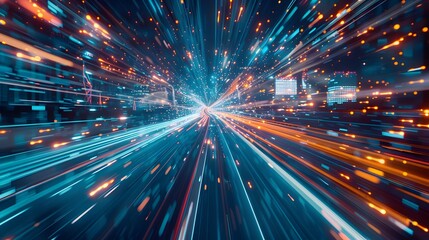  digital data flow on road in concept of program coding with graphic creating vision of fast speed transfer to show digital transformation , disruptive innovation
