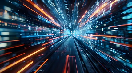  digital data flow on road in concept of program coding with graphic creating vision of fast speed transfer to show digital transformation , disruptive innovation