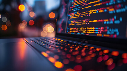 Software, web development, programming concept. Abstract Programming language and program code on screen laptop. Laptop and icons company network . Technology process of Software development.