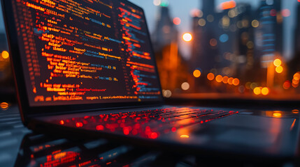 Software, web development, programming concept. Abstract Programming language and program code on screen laptop. Laptop and icons company network . Technology process of Software development.
