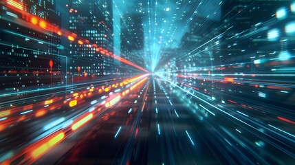  digital data flow on road in concept of program coding with graphic creating vision of fast speed transfer to show digital transformation , disruptive innovation