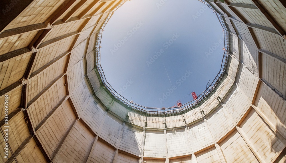 Inside a cooling tower of a nuclear power plant. View upwards, sky with ...