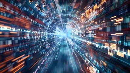  digital data flow on road in concept of program coding with graphic creating vision of fast speed transfer to show digital transformation , disruptive innovation