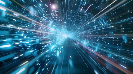  digital data flow on road in concept of program coding with graphic creating vision of fast speed transfer to show digital transformation , disruptive innovation