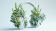 Digital rendering of succulents and flowers growing inside headphones, detailed foliage