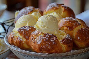 Canvas Print - Dessert dish made from a bowl of bread topped with ice cream