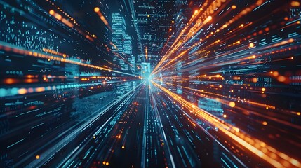  digital data flow on road in concept of program coding with graphic creating vision of fast speed transfer to show digital transformation , disruptive innovation