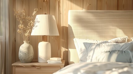 Wall Mural - A closeup shot of the bedside table in front of the bed, featuring a lamp and vase on it. The room is decorated with light wood-colored paneling walls,Generative AI illustration.