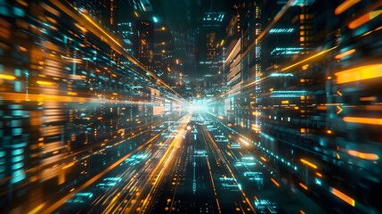  digital data flow on road in concept of program coding with graphic creating vision of fast speed transfer to show digital transformation , disruptive innovation