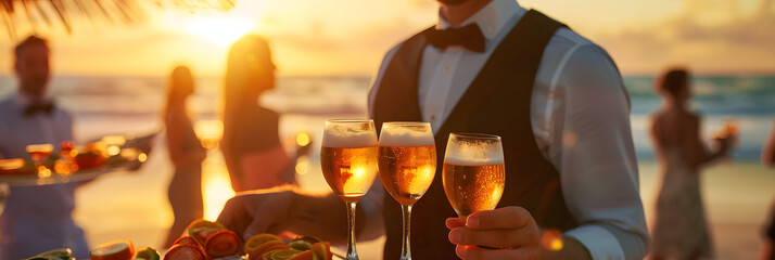 Waiter serving beach champagne party at sunset. 