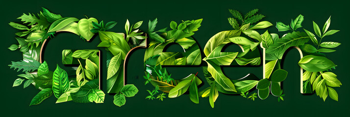 Wall Mural - The word Green made out of leaves and plants in a lino cut style