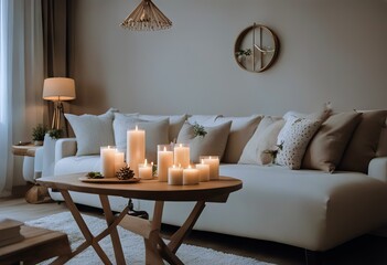 natural details Simple table pillows white beige interior sofa cozy house decorative interior candles room Modern wooden living