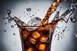 Cola with Ice. Close up of the ice cubes in cola water. Texture of carbonate drink with bubbles in glass. Cola soda and ice splashing fizzing or floating up to top of surface. Cold drink background