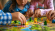 A close-up of children engaged in a colorful board game, eagerly moving their game pieces around the board. Their expressions and focus reflect the joy and competition of playtime.