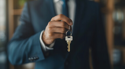  professional businessman in a tailored suit presents a set of keys, symbolizing access, opportunity, or a new venture. The focus is on his hand and the keys, set against the blurred background