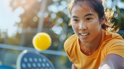 An action-packed moment captures a young female athlete intensely focused as she plays pickleball. The vibrant yellow of the ball contrasts sharply with her energetic expression and dynamic motion.