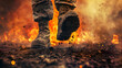 © Gita - A dramatic and intense image capturing a soldier’s boots walking through a fiery battlefield. The scene conveys a sense of urgency and danger, highlighted by the glowing embers and flames.