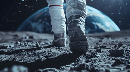 an astronaut's boots tread across the alien landscape of a distant planet, under a surreal celestial