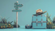 Turquoise suitcase with summer accessories and camera with empty signpost. Summer travel concept