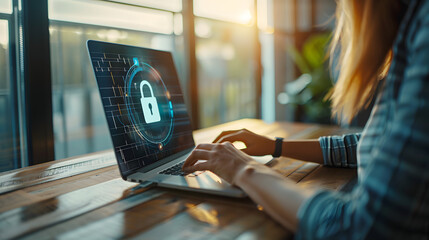 cybersecurity professional focuses on enhancing data protection, as depicted by digital lock symbol on her laptop screen setting sun casts a warm glow over her work environment