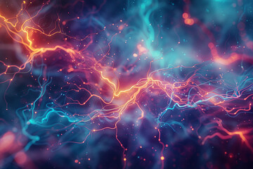 Wall Mural - Delicate neural networks intertwine in a symphony of vibrant colors, pulsating with electric energy.