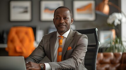 Successful african american black businessman in his stylish office space. Happy attractive senior entrepreneur executive ceo smiling at camera.