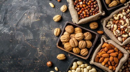 Wall Mural - Assorted nuts meticulously placed in wooden containers and scattered around on a dark surface