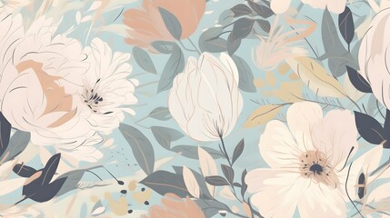 Wall Mural - muted pastel vintage antique blooming flowers illustration soft light floral background wallpaper pattern