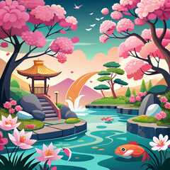 Wall Mural - Zen garden backgrounds with bright cherry blossoms and koi ponds.