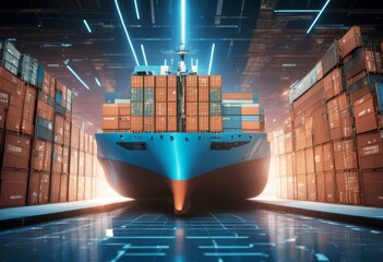 Wall Mural - 'container cargo blue tech ship hi 3d gital background futuristic quality goods metaphor render global tracking vessel abstract technology business concept datum light'