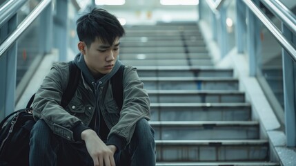 Wall Mural - An upset Asian teenage boy student sits on a stairway at the campus with a backpack beside him. He appears deep in thought, likely dealing with the issue of