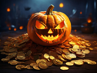 gold coins and halloween pumpkins