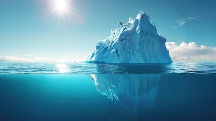 An icebergs tip and submerged section glisten in the sunlit North Sea. copy space for text.