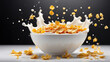 A bowl of cereal with milk being splashed into it.
